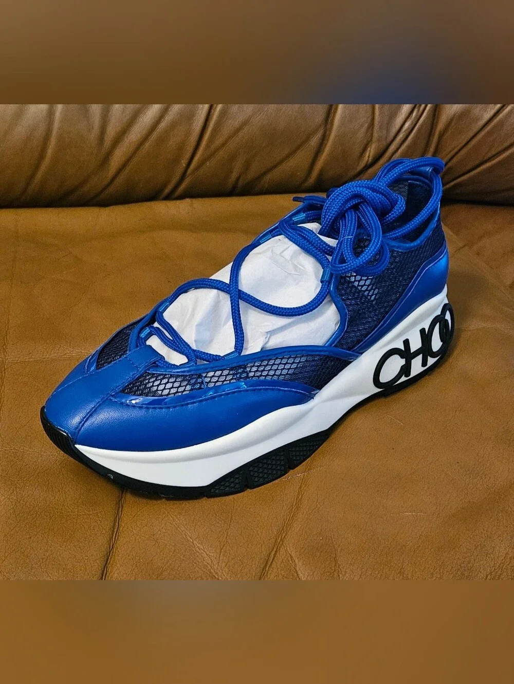 New Women's Jimmy Choo Blue Leather Strappy Lace Designer Sneakers Size 5.5 US